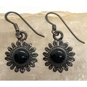 Vintage Black Onyx Flower Dangle Drop Earrings Sterling 925 Silver 4.4g Patina